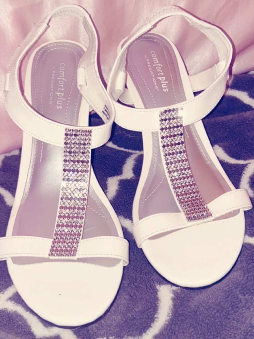 comfort plus by Predictions White T-Strap Sandals with Crystal Band